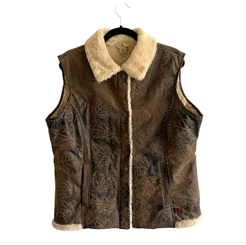 WOOLRICH Faux Leather Fur Sleeveless Vest Jacket Saddle Brown XL